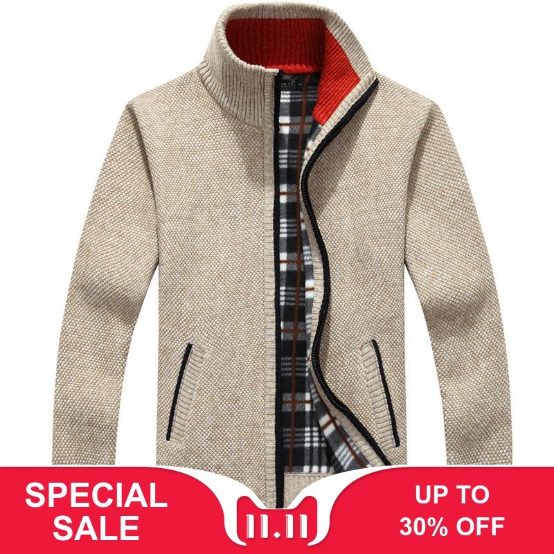 Winter Thick Men's Knitted Sweater Coat Off White Long Sleeve Cardigan Fleece Full Zip Male Causal Plus Size Clothing for Autumn